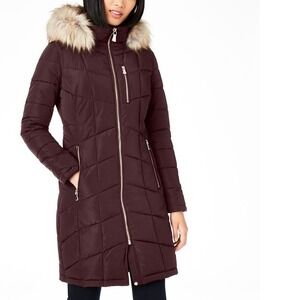 Calvin Klein Eggplant Removable Faux Fur Trim Hooded Puffer Coat Size Large